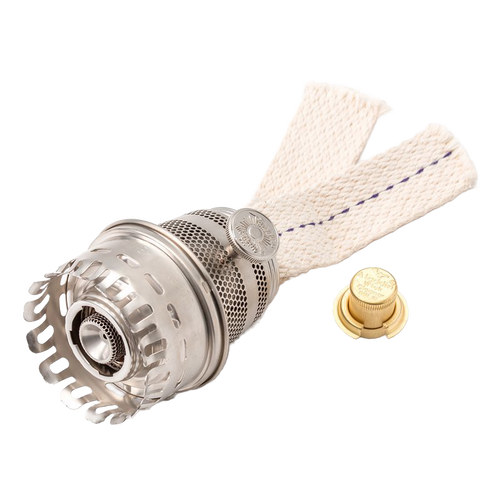 High-output lamp burner with durable metal construction and dual cotton wicks, featuring a brass adjustment knob, perfect for lamps and lighting repair and upgrades.