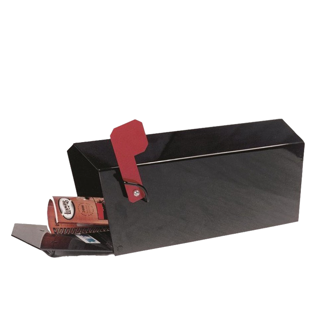 Handcrafted durable steel mailbox with a red flag and hinged door, designed for Farm, Garden & Tool, Mailboxes and Address Signs, Home & Decor, and USA Made collections.