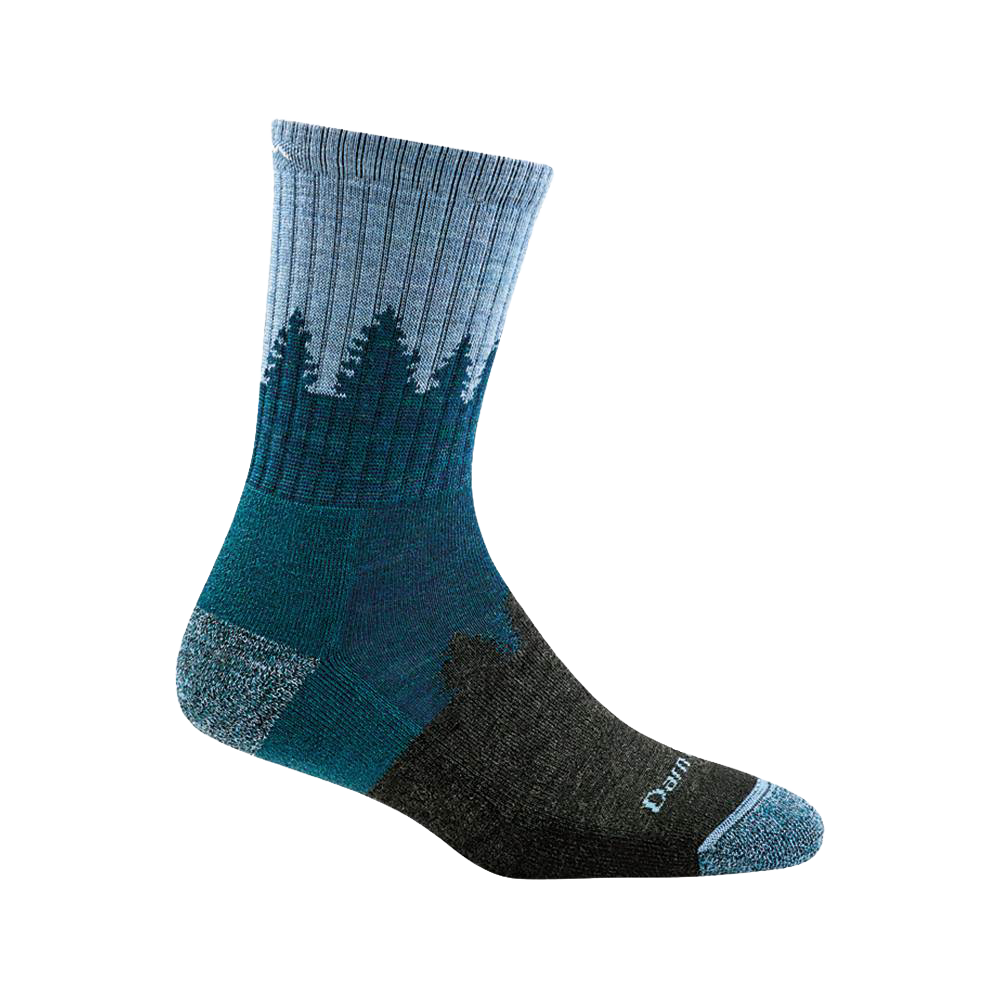Handcrafted midweight hiking sock in blue and dark green with a treeline silhouette, made in USA and perfect for Health & Wellness, Camping, and Best Sellers collections.