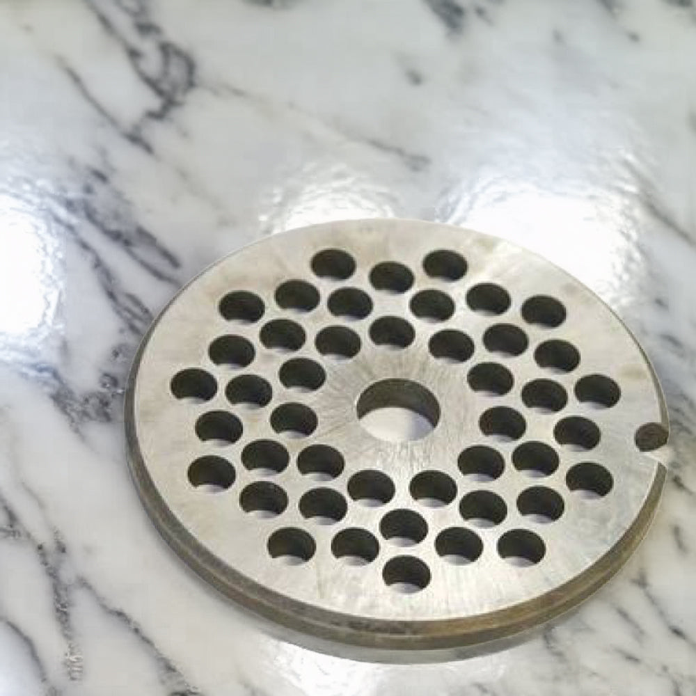 Handcrafted metal optional chopper plate with concentric circular holes, made in USA, suitable for Kitchen & Food, Specialty Equipment, Butchering Supplies, USA Made, Best Sellers, Promo Eligible collections.