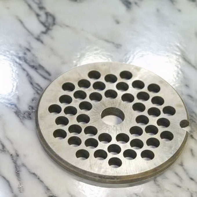 Handcrafted metal optional chopper plate with concentric circular holes, made in USA, suitable for Kitchen & Food, Specialty Equipment, Butchering Supplies, USA Made, Best Sellers, Promo Eligible collections.