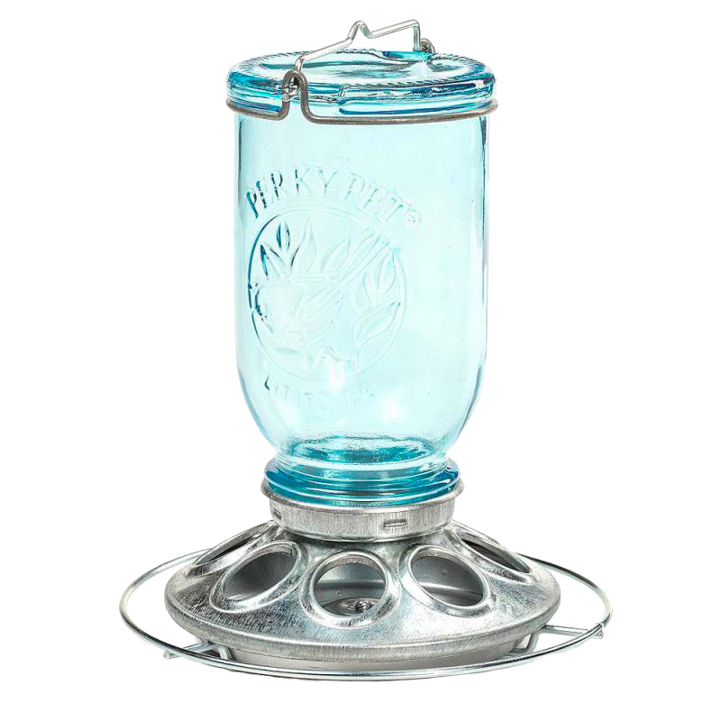 Rustic tinted-blue glass jar bird feeder with a metal base featuring multiple feeding ports, designed for farm, garden, animal care, and outdoor use collections.