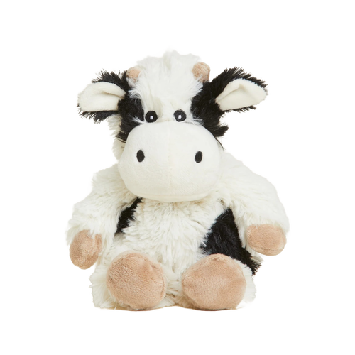Soft and cuddly plush cow with black and white fur and tan accents, weighted and microwaveable for comfort, ideal for Health & Wellness, Children's Toys, and Indoor Play collections.