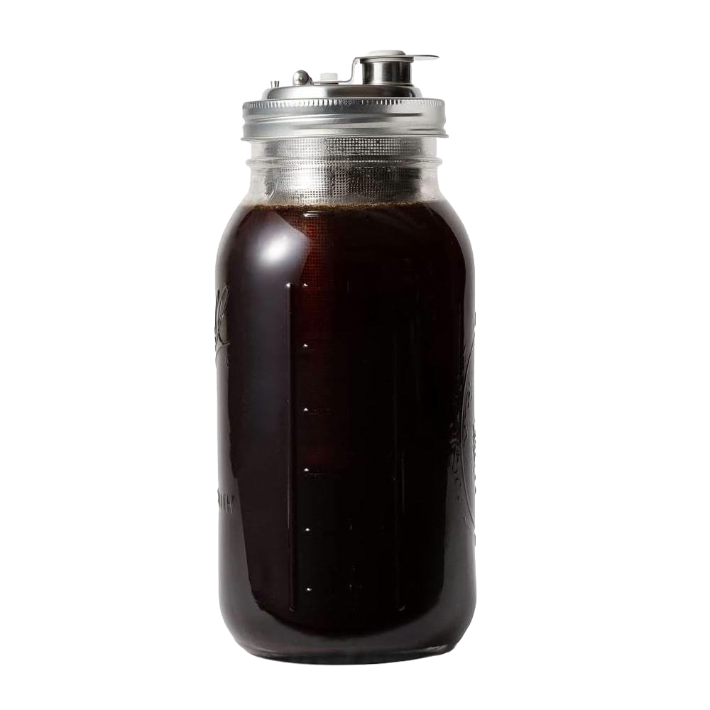 Wide mouth glass jar filled with dark cold brew coffee, topped with a stainless steel lid and fine mesh infuser, designed for brewing coffee and tea, featured in kitchen and food collections.