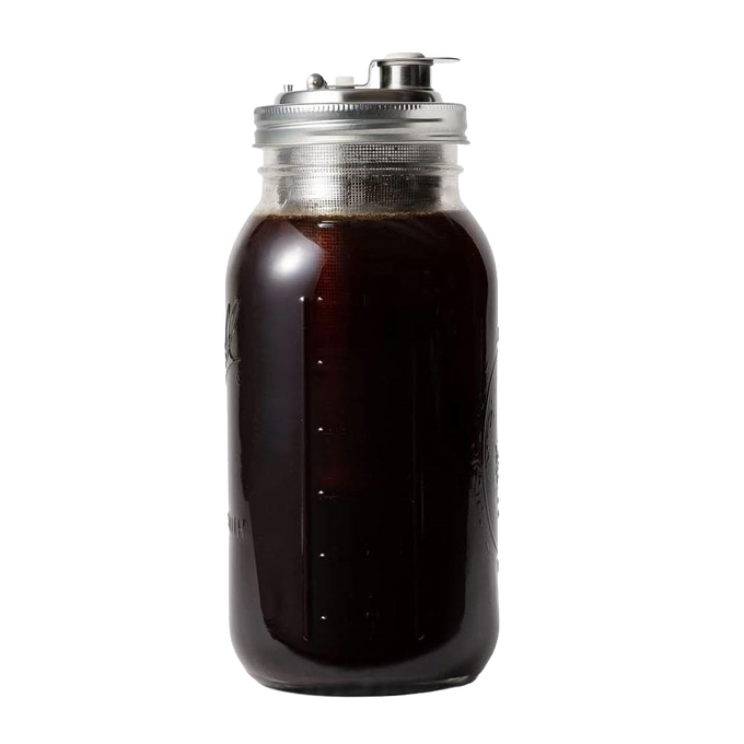 Wide mouth glass jar filled with dark cold brew coffee, topped with a stainless steel lid and fine mesh infuser, designed for brewing coffee and tea, featured in kitchen and food collections.