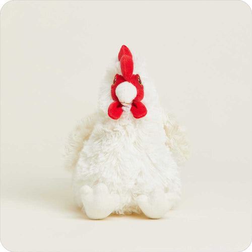 Soft and cuddly white plush chicken with bright red comb and wattles, microwaveable and weighted for soothing warmth, infused with dried French lavender, ideal for Health & Wellness and Children's Toys collections.