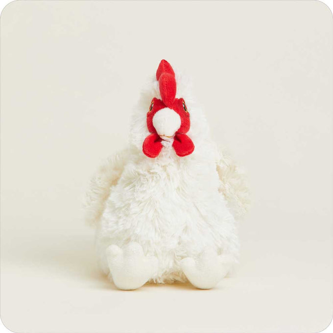 Soft and cuddly white plush chicken with bright red comb and wattles, microwaveable and weighted for soothing warmth, infused with dried French lavender, ideal for Health & Wellness and Children's Toys collections.