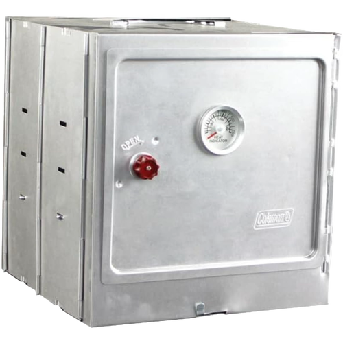 Aluminized steel portable oven with built-in thermometer and red knob on door, designed for camping and outdoor use in Farm, Garden & Tool, Stoves, and Camping collections.