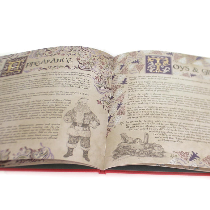Open hardcover book with vintage-style illustrations and ornate lettering featuring Santa Claus and holiday-themed text, highlighting a charming holiday decor and children's book collection.