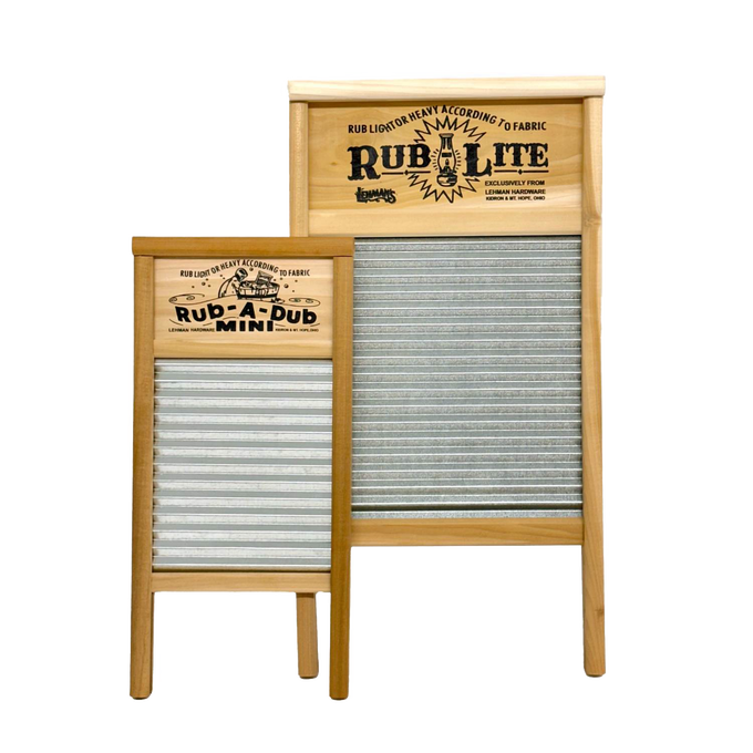 Pair of handcrafted wooden washboards with galvanized wavy scrubbing surfaces and decorative printed nameplates, featuring traditional design for tough stain removal in Home & Decor and Laundry Supplies collections.