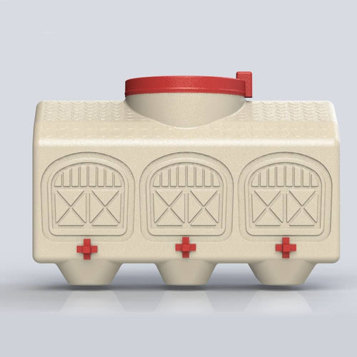 Beige high-capacity chicken waterer with red lid and three feeding ports, designed for farm and garden use, animal care, and chicken accessories collections.
