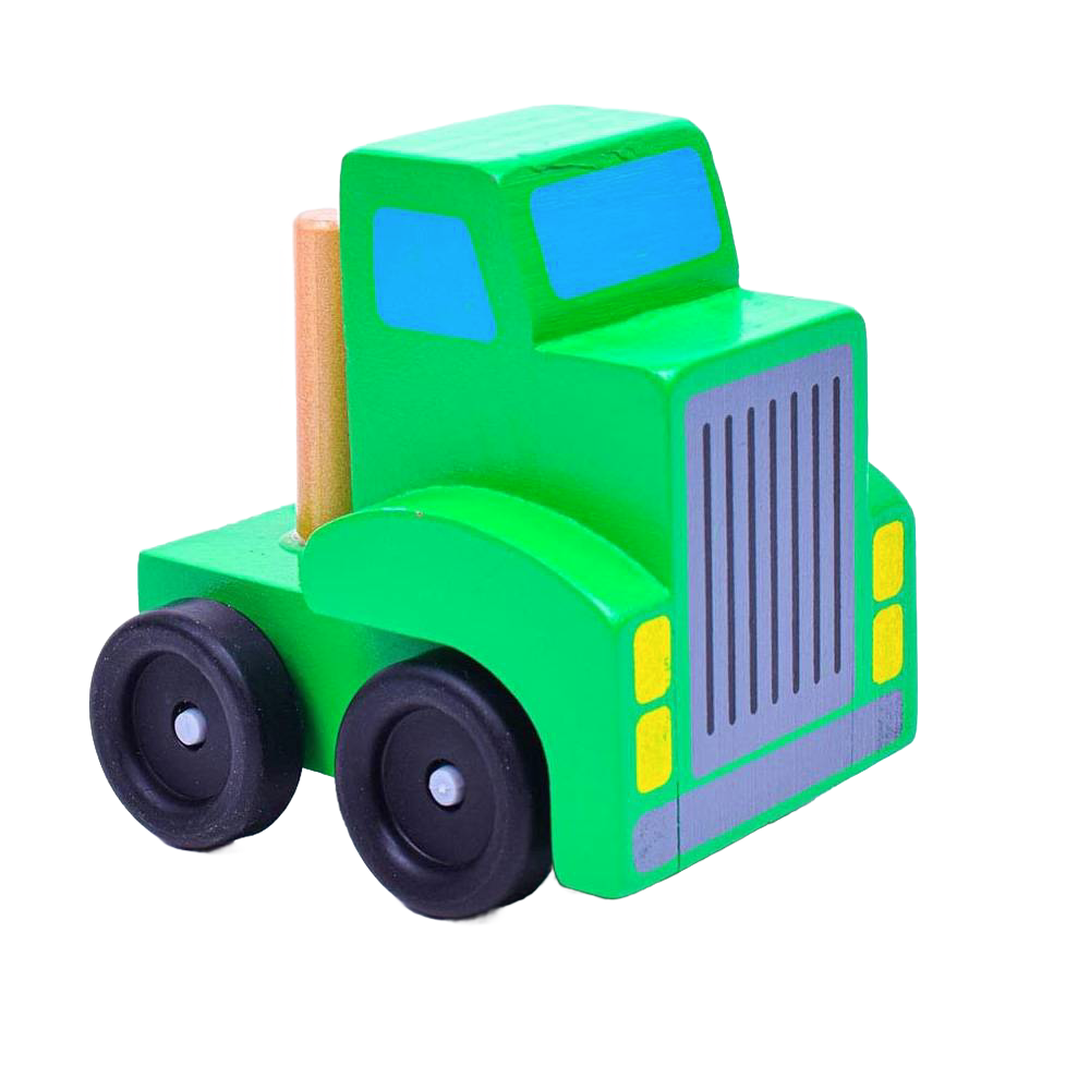 Handcrafted green wooden toy truck cab with black wheels and blue window details, part of a children's wooden toy set for indoor play and best sellers in Toys, Books & Games.