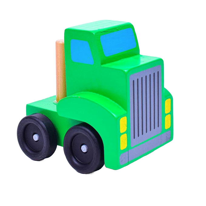 Handcrafted green wooden toy truck cab with black wheels and blue window details, part of a children's wooden toy set for indoor play and best sellers in Toys, Books & Games.
