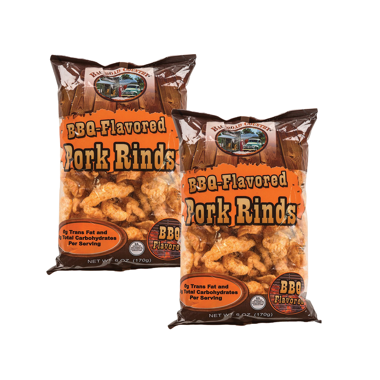 Two bags of handcrafted BBQ-flavored pork rinds made in USA, featured snack for Kitchen & Food, Snacks and Sweets, USA Made, Best Sellers, and Promo Eligible collections.