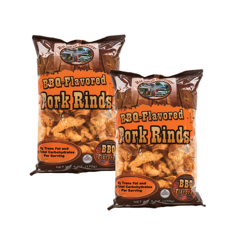 Two bags of handcrafted BBQ-flavored pork rinds made in USA, featured snack for Kitchen & Food, Snacks and Sweets, USA Made, Best Sellers, and Promo Eligible collections.