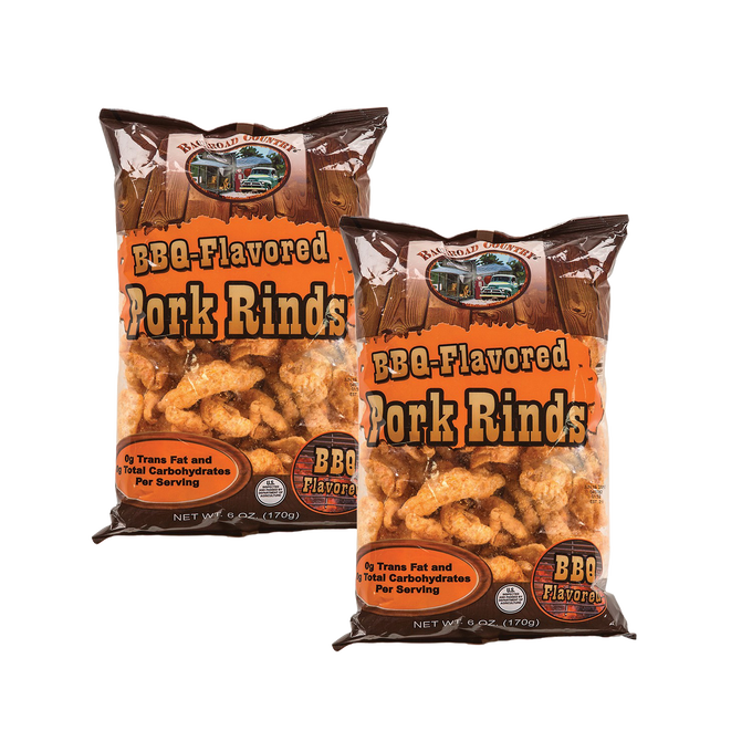 Two bags of handcrafted BBQ-flavored pork rinds made in USA, featured snack for Kitchen & Food, Snacks and Sweets, USA Made, Best Sellers, and Promo Eligible collections.