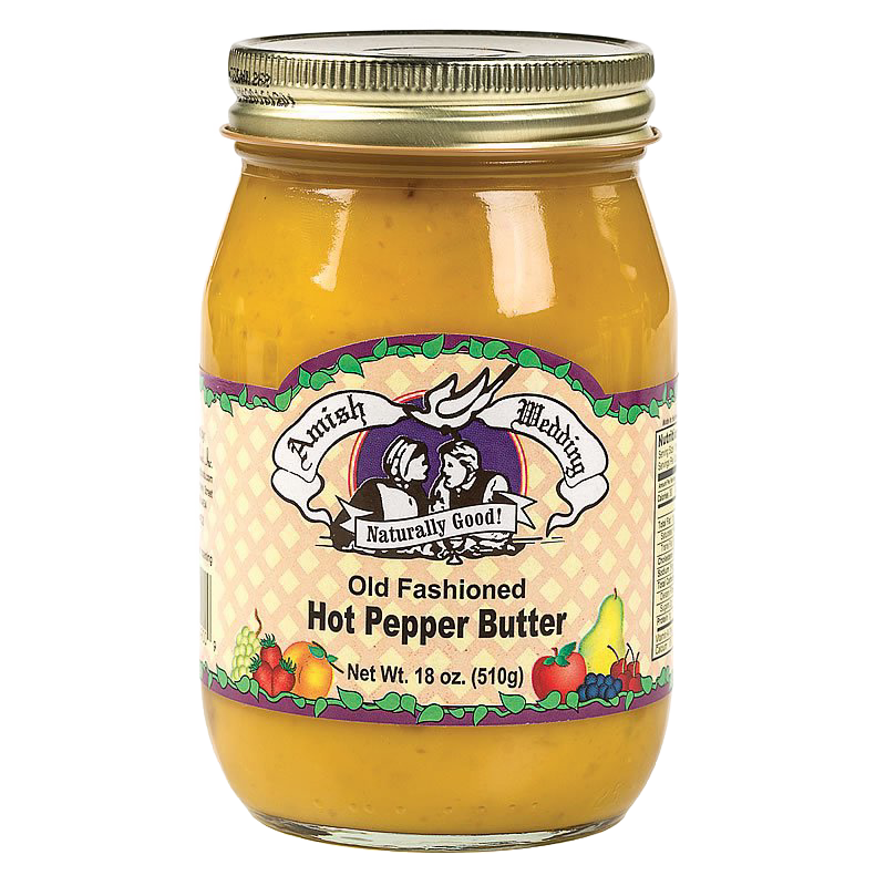 Glass jar of handcrafted old fashioned hot pepper butter in a gold metal lid jar, made in USA, featured in Kitchen & Food, Food, Pantry, USA Made, and Best Sellers collections at Lehman’s.