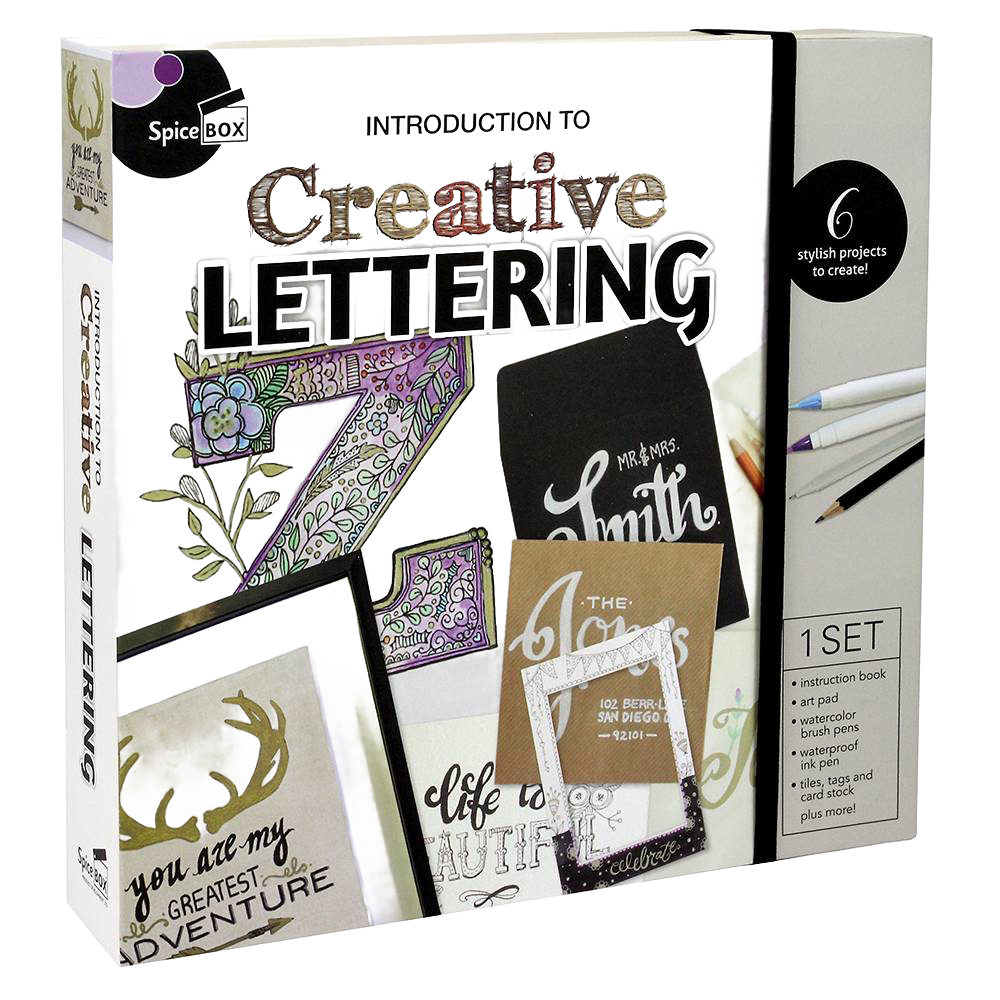 Creative lettering kit with an instruction book, art pad, brush pens, and watercolor supplies, designed for children’s arts and crafts, toys, and best sellers collections.