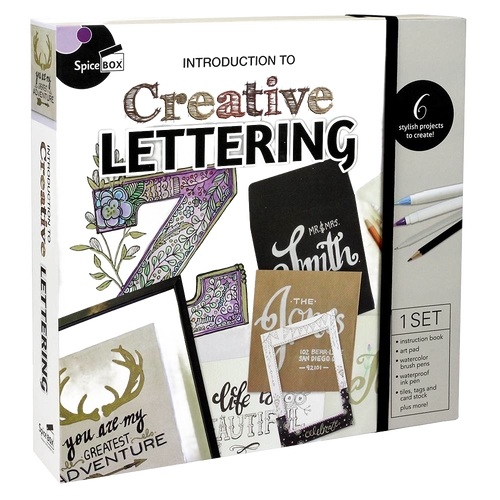 Creative lettering kit with an instruction book, art pad, brush pens, and watercolor supplies, designed for children’s arts and crafts, toys, and best sellers collections.