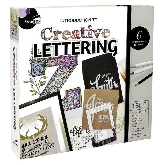 Creative lettering kit with an instruction book, art pad, brush pens, and watercolor supplies, designed for children’s arts and crafts, toys, and best sellers collections.