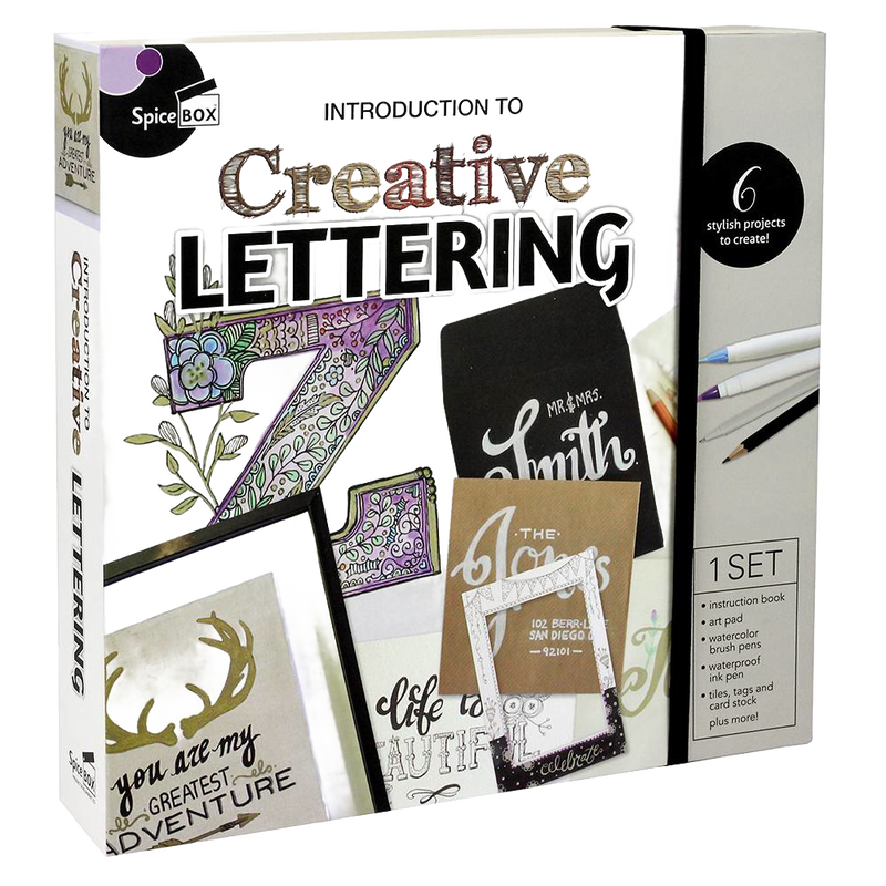 Creative lettering kit with an instruction book, art pad, brush pens, and watercolor supplies, designed for children’s arts and crafts, toys, and best sellers collections.