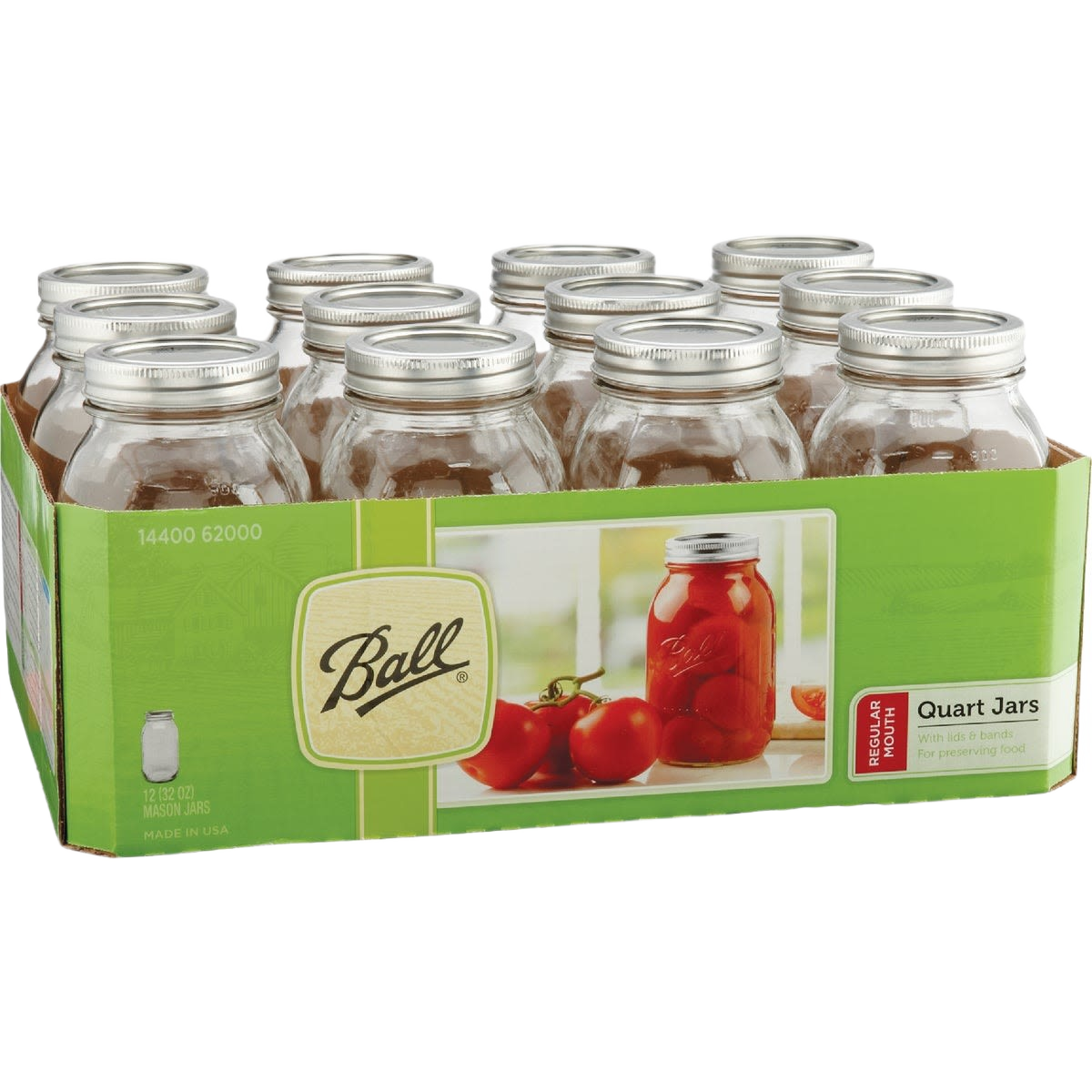 Set of twelve clear glass canning jars with silver metal lids displayed in green packaging, ideal for Kitchen & Food, Food Preservation, Canning collections, USA Made and Best Sellers.