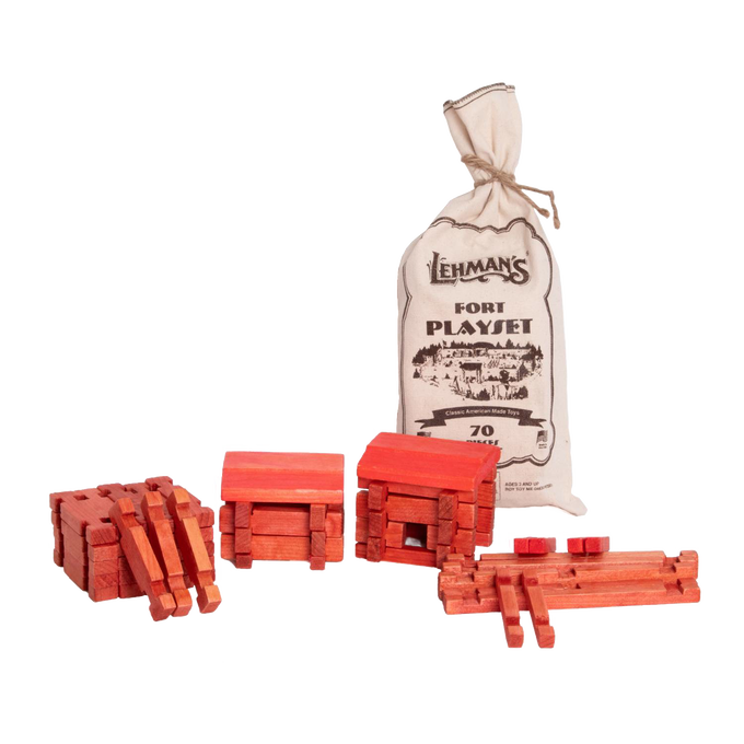 Set of 70 handcrafted wooden log pieces designed for indoor play, encouraging creativity with a compact, reusable fabric bag, featured in Toys, Children's Toys, and USA Made collections.