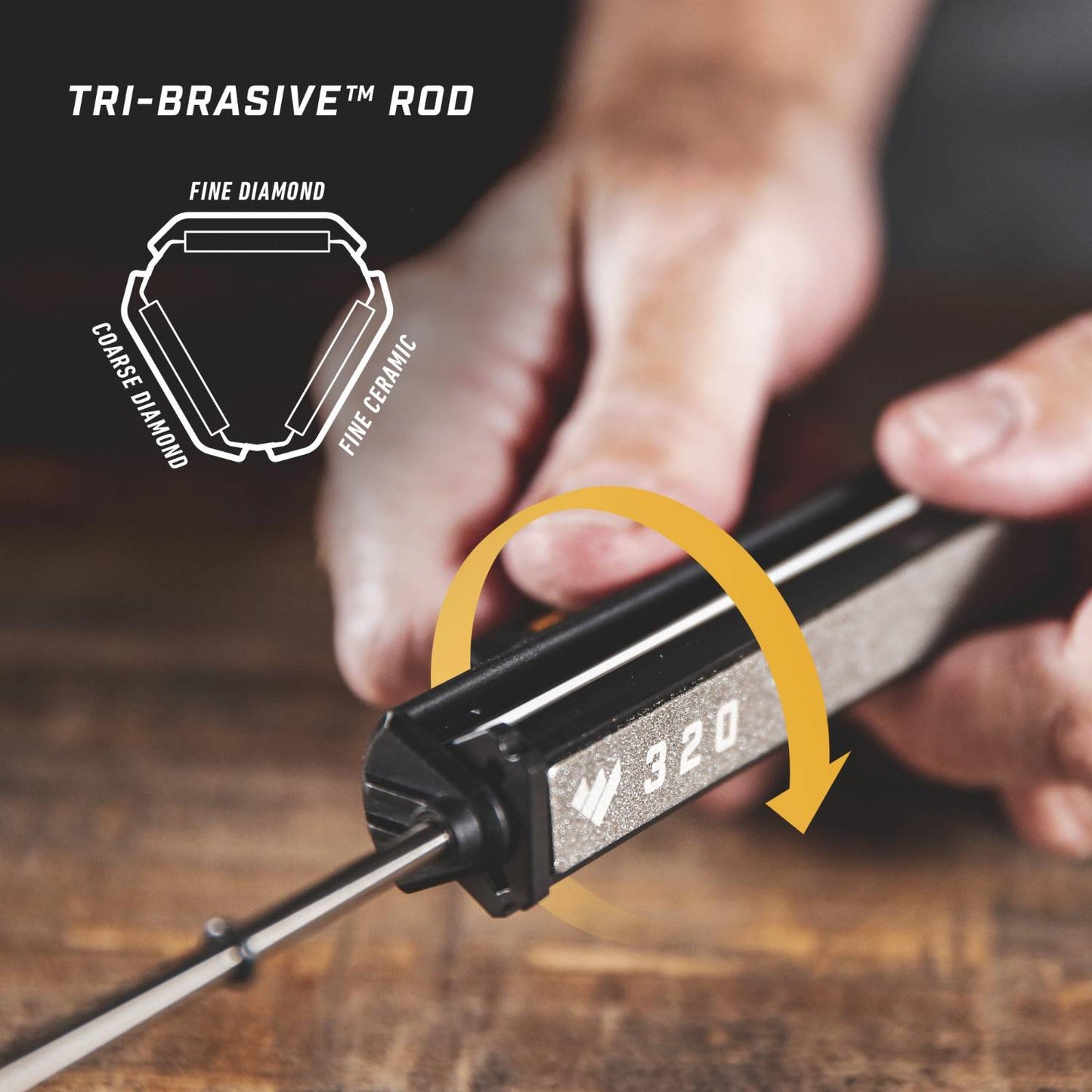 Close-up of a tri-abrasive rod featuring coarse diamond, fine diamond, and fine ceramic surfaces, shown in use for precise knife sharpening in Sharpening, Kitchen & Food, and Farm, Garden & Tool collections.