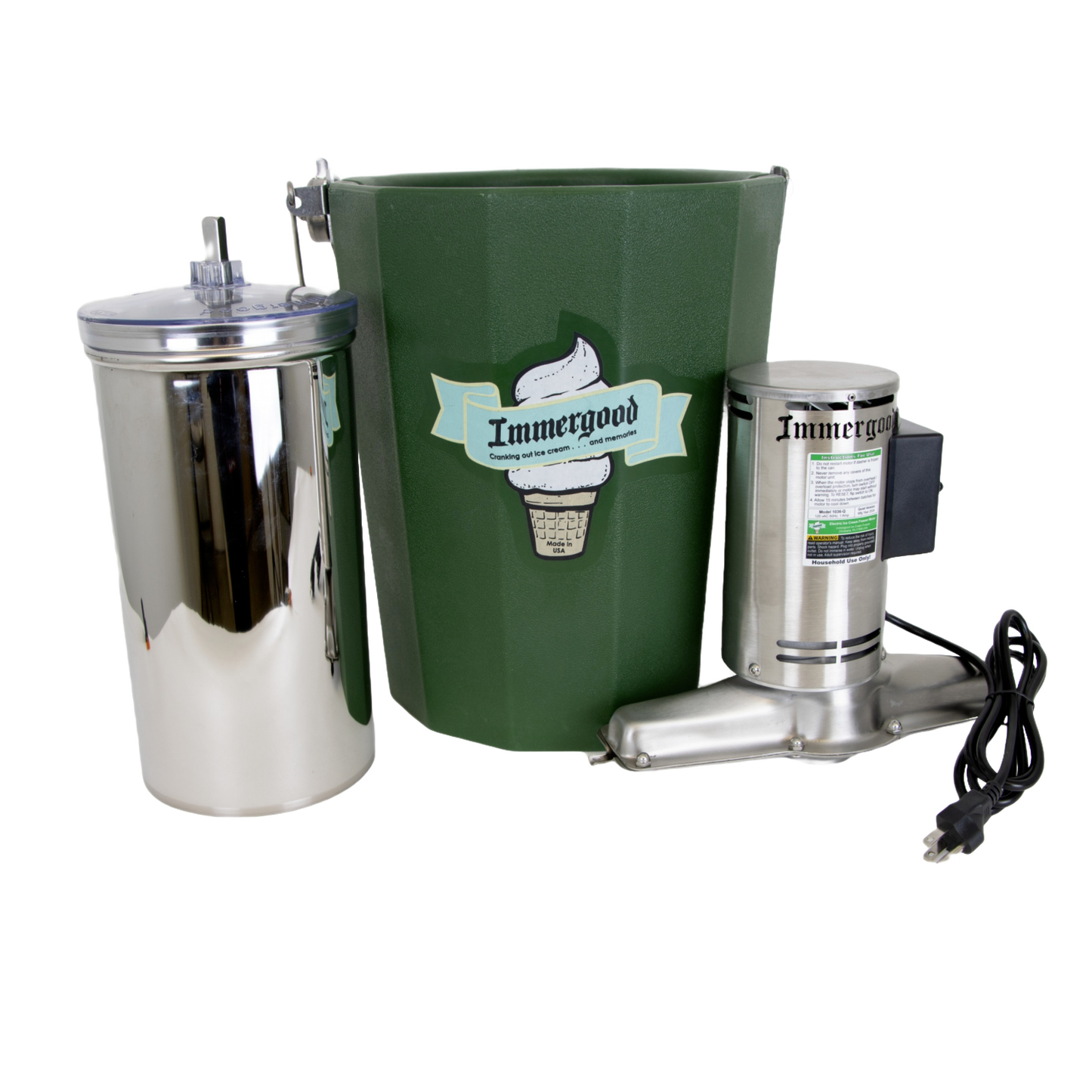 Green insulated fiberglass tub and stainless steel electric motor freezer components for homemade ice cream, featured in Kitchen & Food, Specialty Equipment, Making Ice Cream, Best Sellers, Promo Eligible collections.