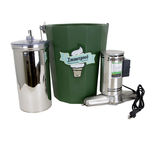 Green insulated fiberglass tub and stainless steel electric motor freezer components for homemade ice cream, featured in Kitchen & Food, Specialty Equipment, Making Ice Cream, Best Sellers, Promo Eligible collections.