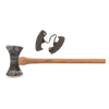 Handcrafted double-headed axe with Swedish steel blades and wooden handle, featuring a protective leather sheath, ideal for farm tools, wood cutting, and best sellers collections.