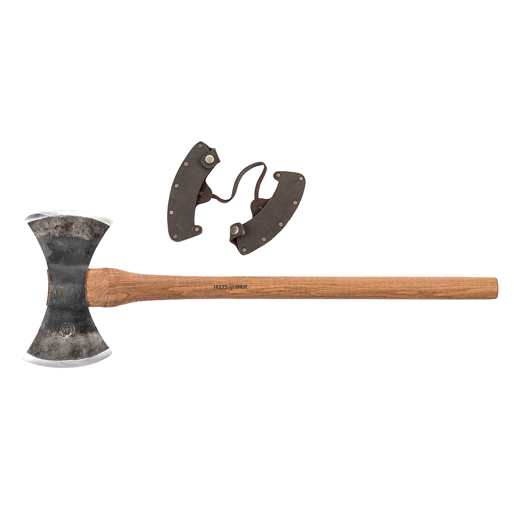 Handcrafted double-headed axe with Swedish steel blades and wooden handle, featuring a protective leather sheath, ideal for farm tools, wood cutting, and best sellers collections.