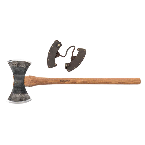 Handcrafted double-headed axe with Swedish steel blades and wooden handle, featuring a protective leather sheath, ideal for farm tools, wood cutting, and best sellers collections.