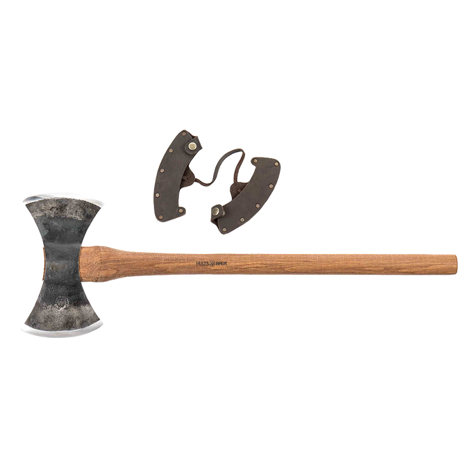 Handcrafted double-headed axe with Swedish steel blades and wooden handle, featuring a protective leather sheath, ideal for farm tools, wood cutting, and best sellers collections.