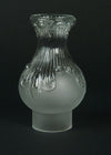 Handcrafted clear glass lamp chimney with embossed feather design and frosted base, fitting #2 and #3 burners, suitable for Lamps & Lighting, Parts and Accessories, Chimneys and Globes collections.