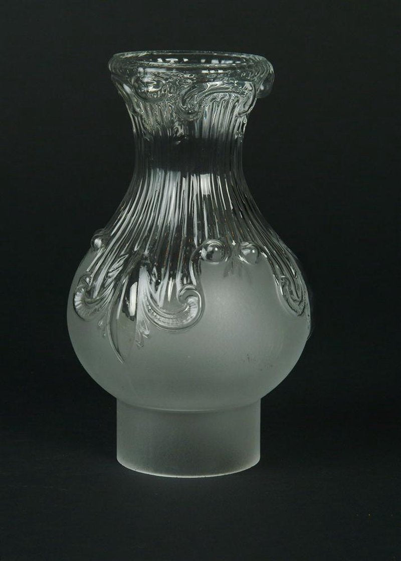 Handcrafted clear glass lamp chimney with embossed feather design and frosted base, fitting #2 and #3 burners, suitable for Lamps & Lighting, Parts and Accessories, Chimneys and Globes collections.