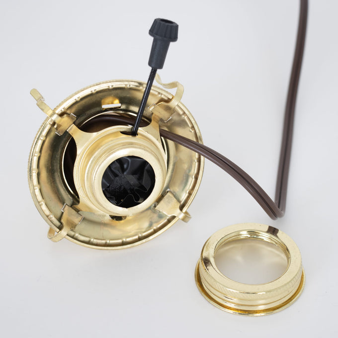 Brass plated electrified burner for oil lamps with removable screw-on collar and UL listed brown cord, fits most #2 collars, ideal for Lamps & Lighting and Electric Conversion collections.