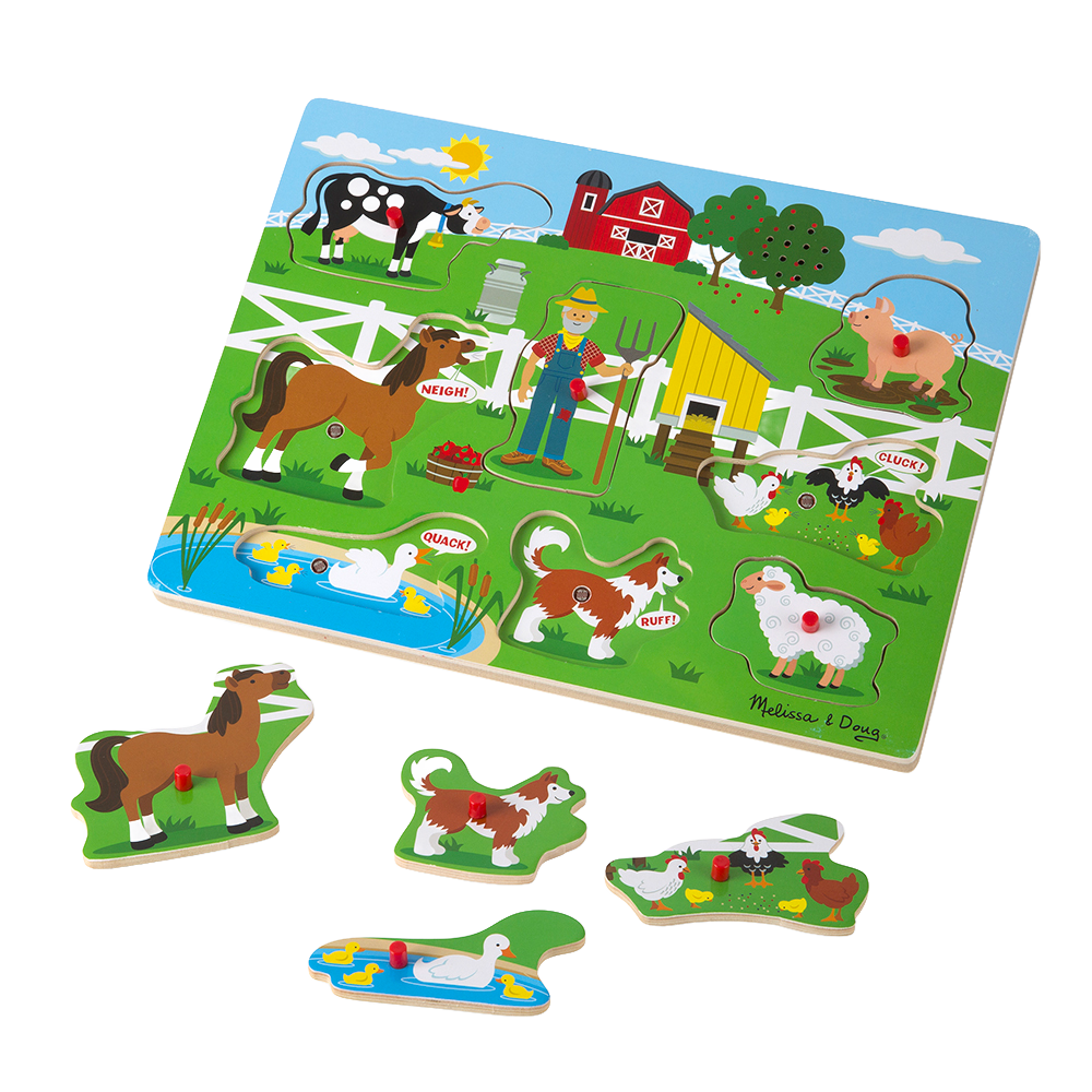 Colorful wooden puzzle featuring a farm scene with barnyard animals and a farmer, designed as an interactive children’s toy from the Toys, Books & Games collection.