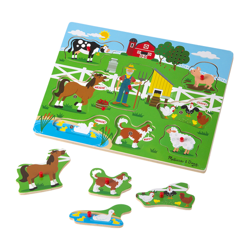 Colorful wooden puzzle featuring a farm scene with barnyard animals and a farmer, designed as an interactive children’s toy from the Toys, Books & Games collection.