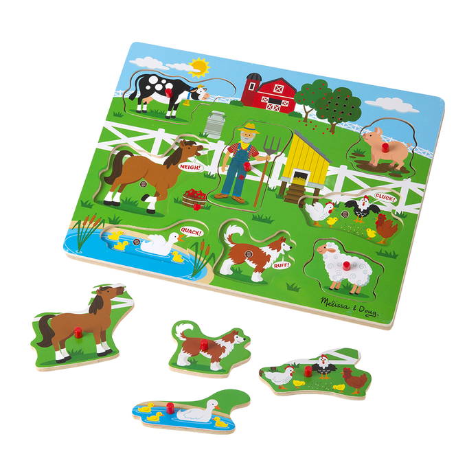 Colorful wooden puzzle featuring a farm scene with barnyard animals and a farmer, designed as an interactive children’s toy from the Toys, Books & Games collection.