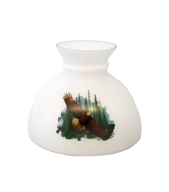 Handcrafted glass lamp shade featuring a soaring eagle design over pine trees, softening light for oil lamps, ideal for Lamps & Lighting, Lamp Shades, and Parts and Accessories collections.