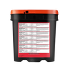 Black and orange emergency food storage bucket featuring detailed nutritional facts label on the back, designed for long-term food supply in emergency preparedness and pantry collections.