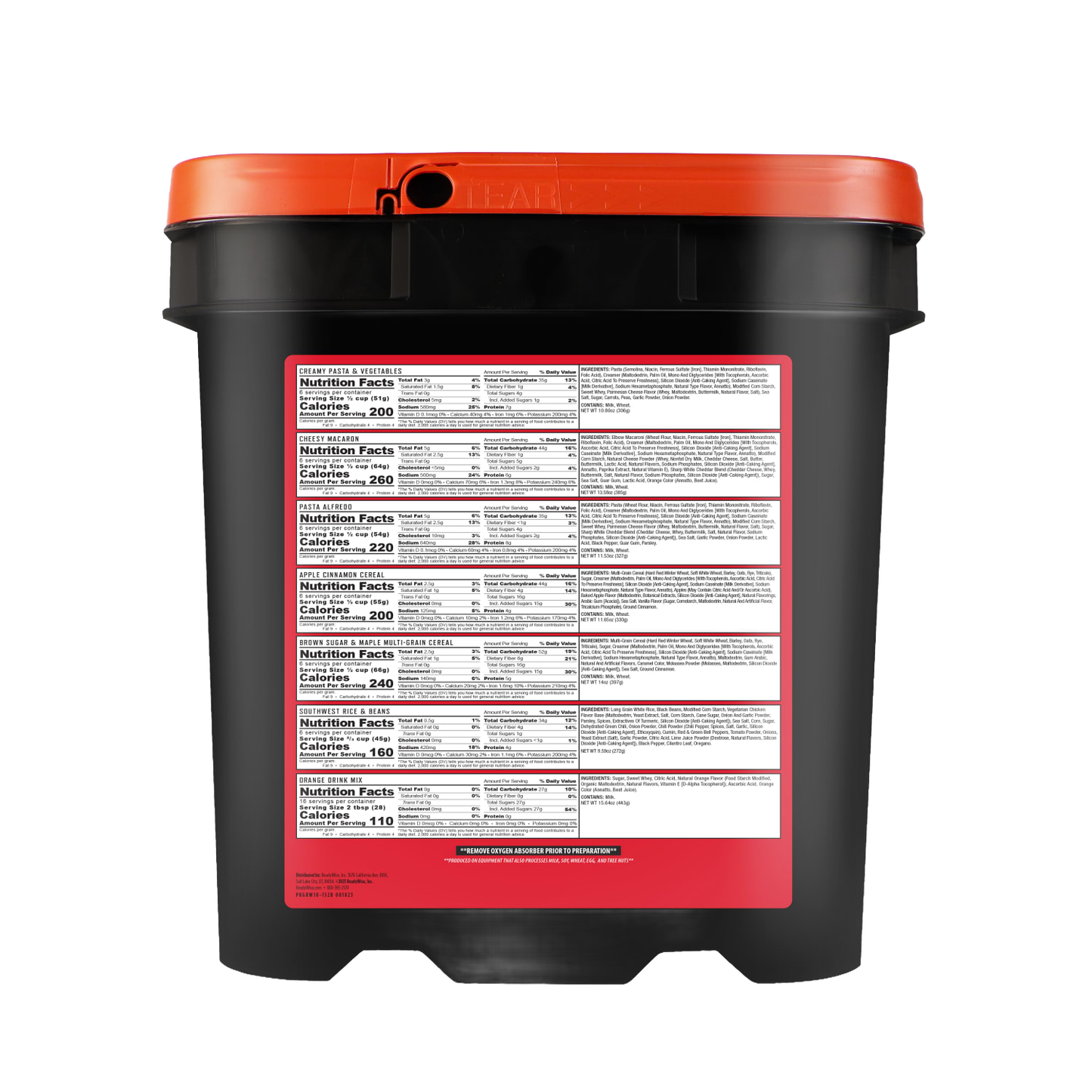 Black and orange emergency food storage bucket featuring detailed nutritional facts label on the back, designed for long-term food supply in emergency preparedness and pantry collections.