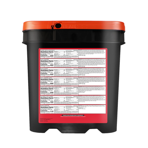 Black and orange emergency food storage bucket featuring detailed nutritional facts label on the back, designed for long-term food supply in emergency preparedness and pantry collections.