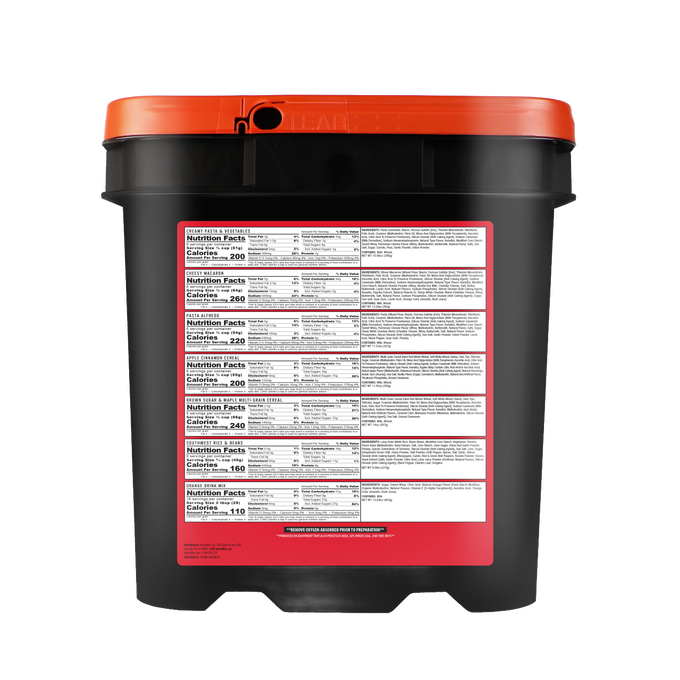 Black and orange emergency food storage bucket featuring detailed nutritional facts label on the back, designed for long-term food supply in emergency preparedness and pantry collections.