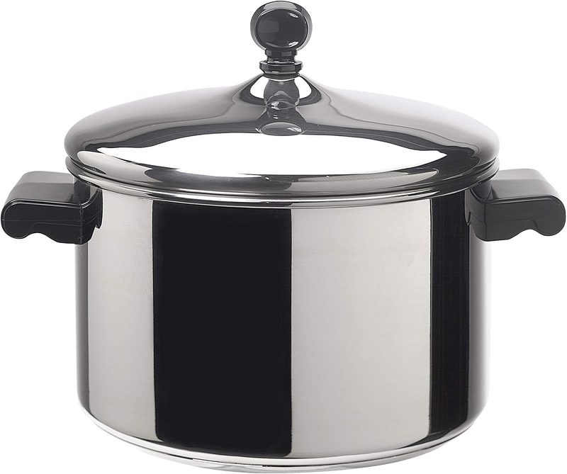 Polished stainless steel covered saucepot with black handles and knob, designed for fast heating and durability, ideal for Kitchen & Food, Cookware, Pots and Pans, Best Sellers, and Promo Eligible collections.
