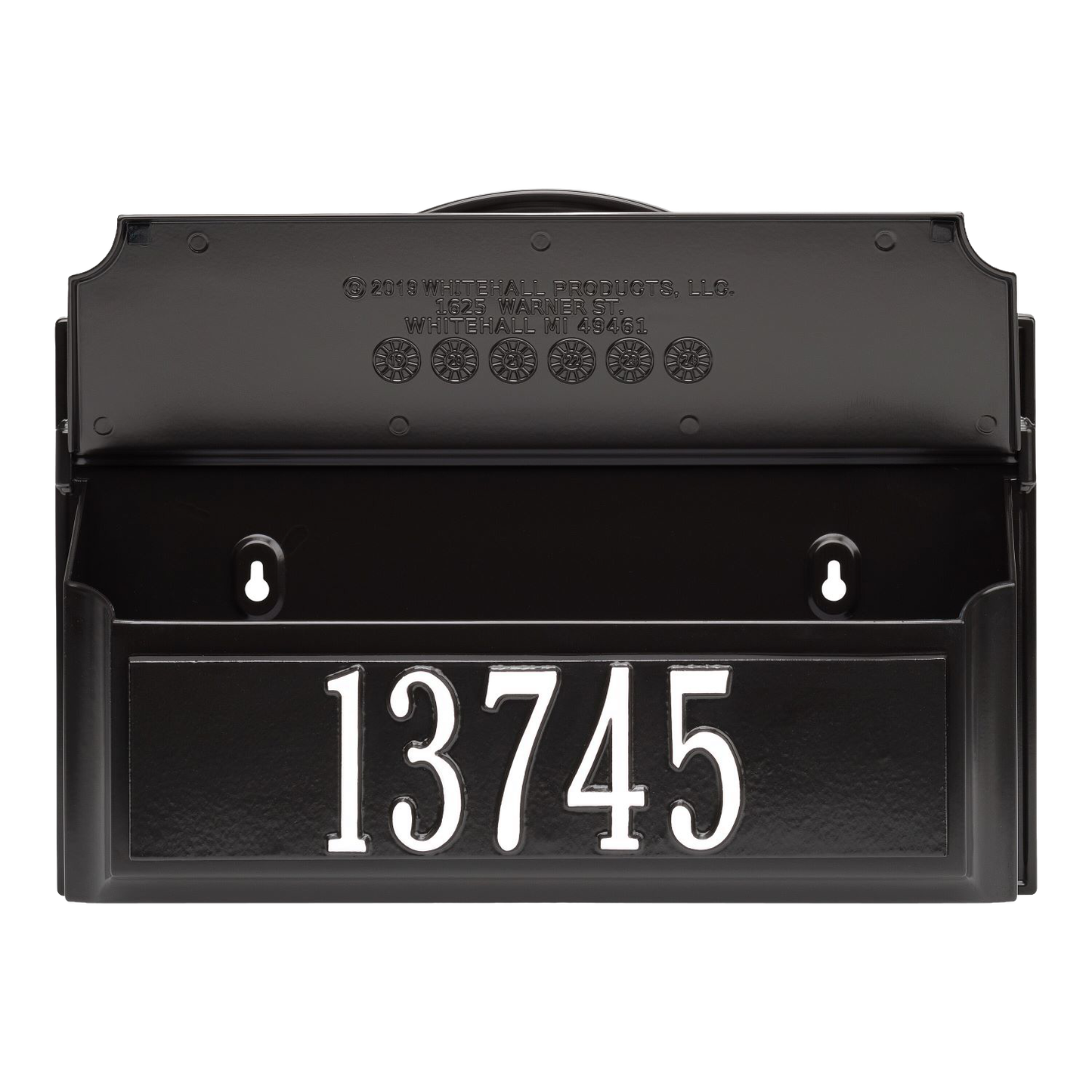 Black and white handcrafted wall mount mailbox with bold house number, designed to enhance curb appeal, featured in Home & Decor, Mailboxes and Address Signs, USA Made, and Best Sellers collections.