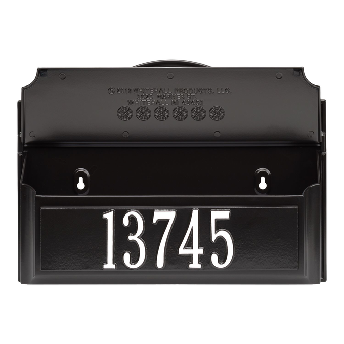 Black and white handcrafted wall mount mailbox with bold house number, designed to enhance curb appeal, featured in Home & Decor, Mailboxes and Address Signs, USA Made, and Best Sellers collections.