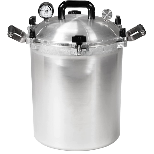 Heavy-duty aluminum pressure canner with black handles, pressure gauge, and safety valve, designed for safe low-acid food preservation in Farm, Garden & Tool and Kitchen & Food collections.