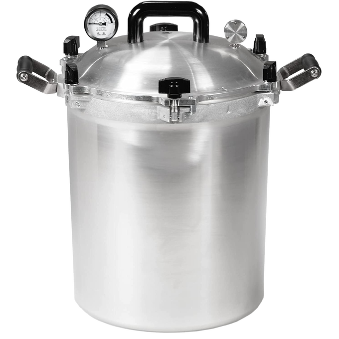 Heavy-duty aluminum pressure canner with black handles, pressure gauge, and safety valve, designed for safe low-acid food preservation in Farm, Garden & Tool and Kitchen & Food collections.